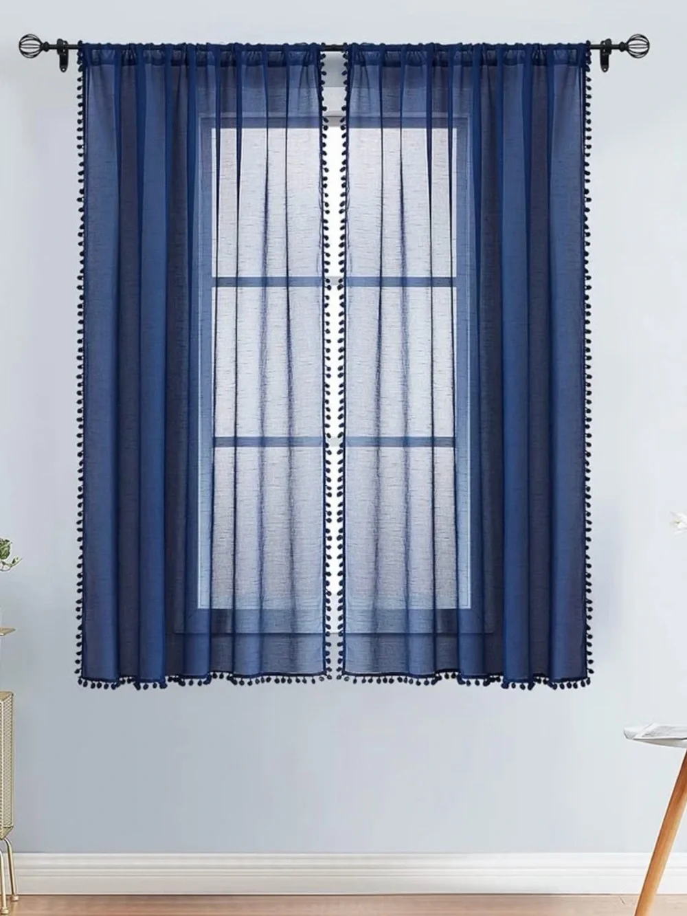 Classic Navy Sheer Pom-Pom Curtain Panel -